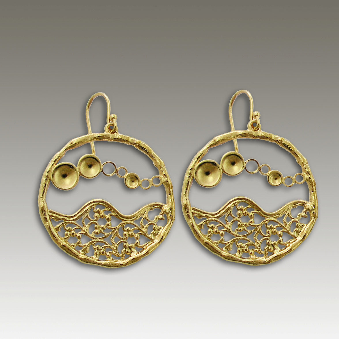 Solid Gold Earrings, 14k gold earrings, dangle gold earrings, round lace earrings, simple earrings, bridal earrings - Golden waves. EG2171