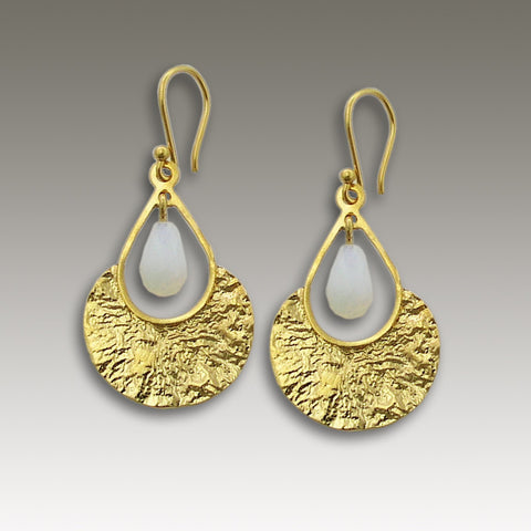 Solid yellow gold earrings, opalite earrings, hammered gold earrings, gemstone earrings, droplet earrings, dangle earrings - Frost. EG2124