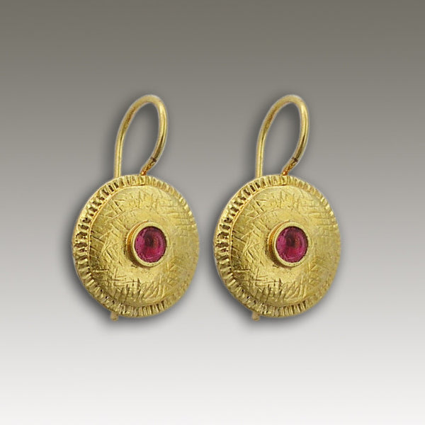 Solid Gold Ruby Earrings, bridal dangle earrings, round gold earrings, July Birthstone earrings, gemstone earring - Little Burgundy EG7822