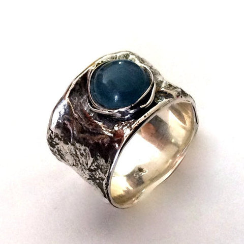 Silver nest ring, blue stone, wide band, engagement ring, unisex band, sterling silver ring, milky aquamarine ring - Love me tender R2158