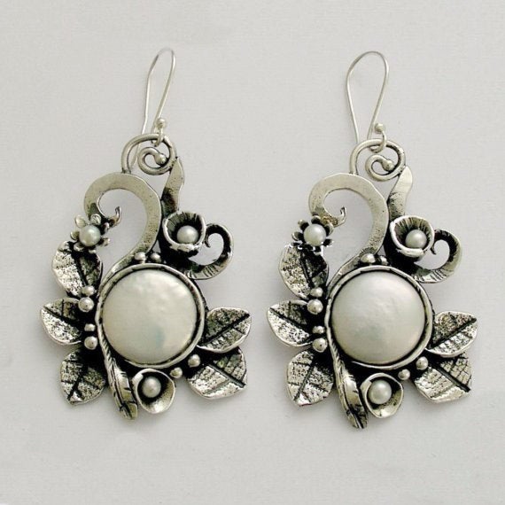 Silver gold Pearl earrings, Woodland earrings, botanical earrings, Leaf earrings, Boho earrings, leaf earrings, bohemian - Crazy love E2156G