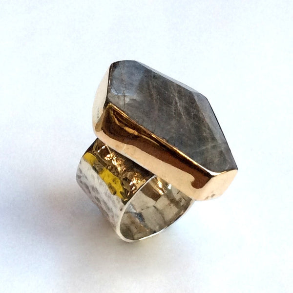 Labradorite ring, wide silver band, modern ring, large stone ring, boho ring, silver gold ring, engagement ring, OOAK - Keep smiling R2357