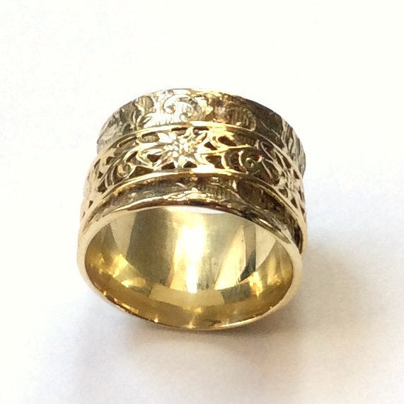 Spinner ring, Golden ring, brass band, Spinning ring, botanical ring, wide band, meditation ring, filigree ring  - Loving kiss RK2360