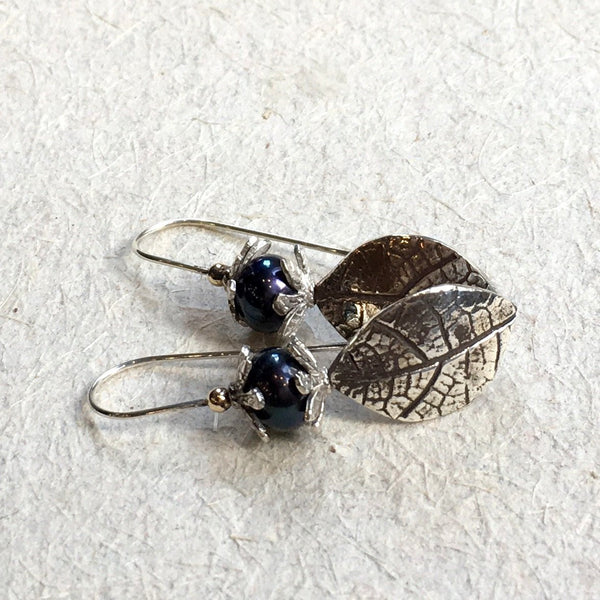 Sterling silver leaf earrings, woodland earrings, botanical earrings, dangle lapis earrings, botanical earring - fall abstraction E8038